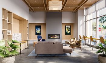 a rendering of a living room with furniture and a fireplace